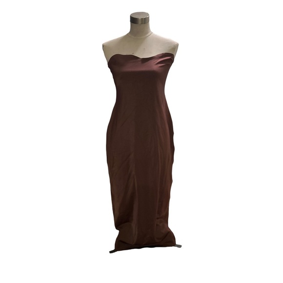 Zara Dresses & Skirts - Zara Womens Satin Strapless Slip Dress SZ XL Brown Midi Maxi Gown Slit Tube Top